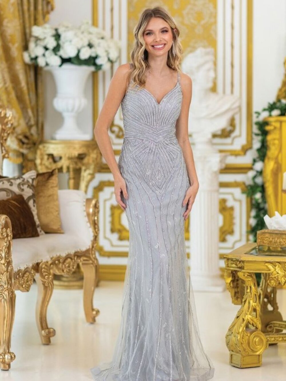 Clearance Silver Size M Beaded Floor-Length Evening Gown by Dancing Queen 4487